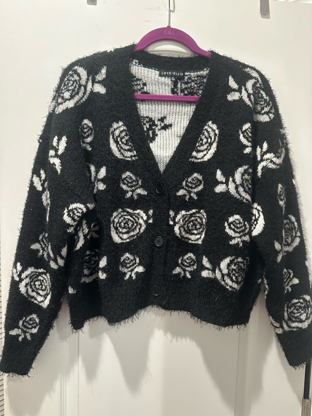 LOVE+ELLE Black & White Rose Fuzzy Button-Front Cardigan